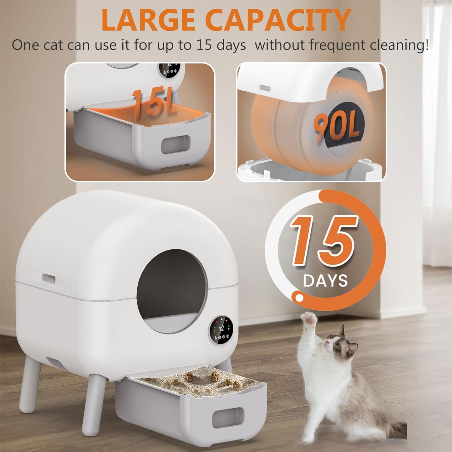 Self Cleaning Litter Box - 105L Automatic Litter Box for Multiple Cats, 1 Roll Trash Bags and Mat Included, App Control, Little-White