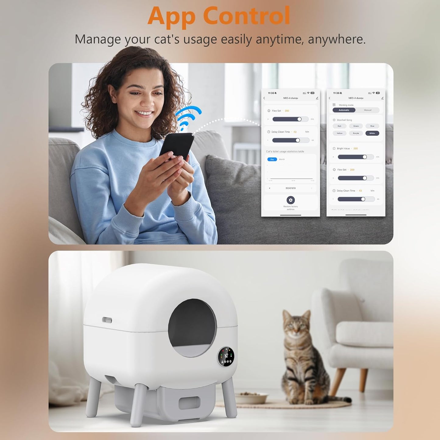 Self Cleaning Litter Box - 105L Automatic Litter Box for Multiple Cats, 1 Roll Trash Bags and Mat Included, App Control, Little-White
